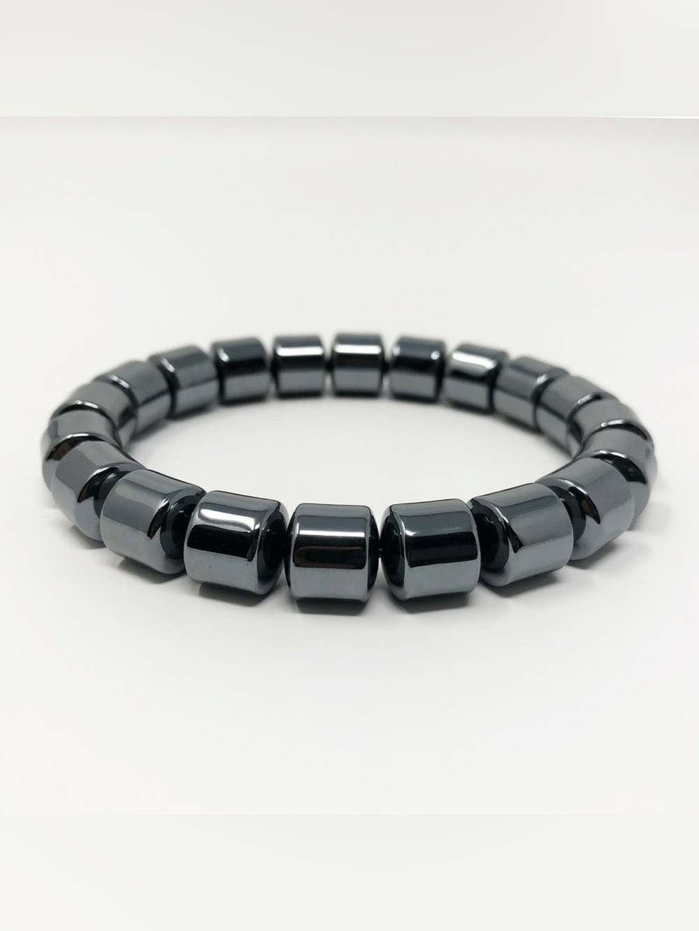 Hematite Drum Bead Stretch Bracelet | Metallic Gray Polished Stone